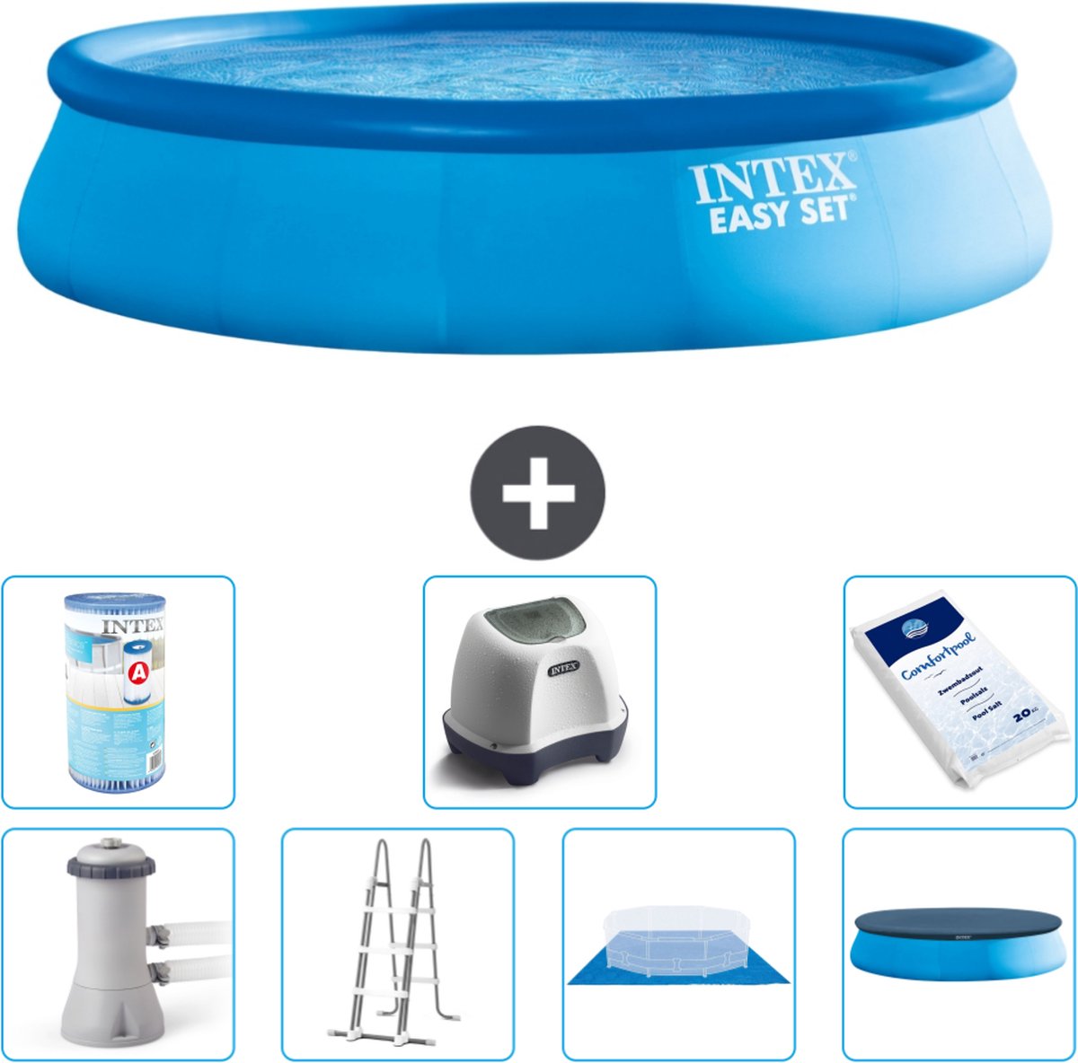 Intex Rond Opblaasbaar Easy Set Zwembad - 457 x 107 cm - Blauw - Inclusief Pomp - Ladder - Grondzeil - Afdekzeil Filter - Zoutwatersysteem - Zwembadzout