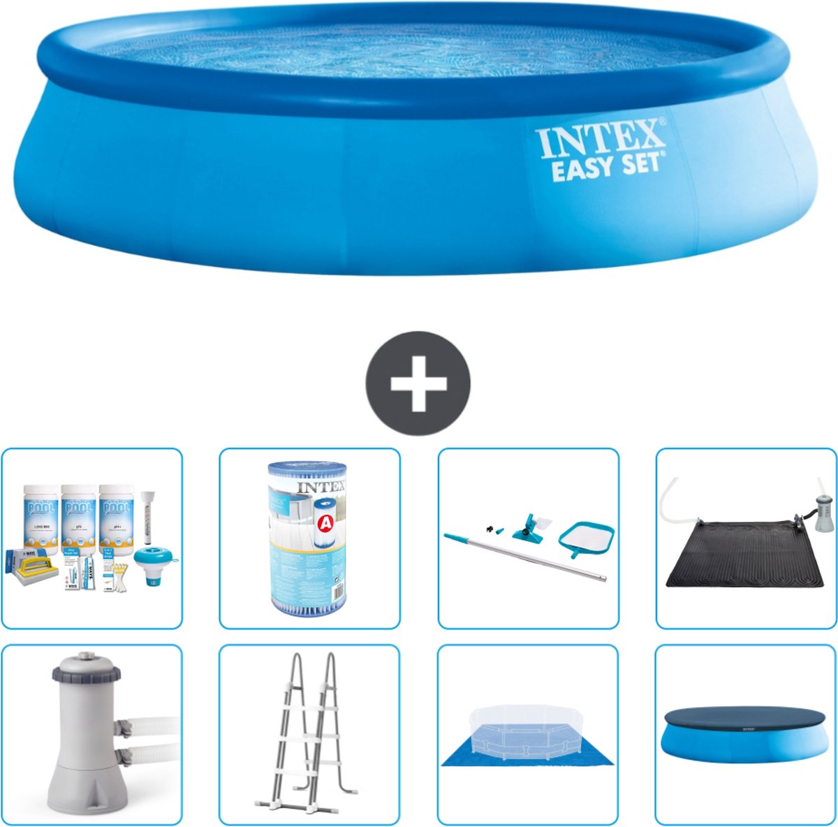 Intex Rond Opblaasbaar Easy Set Zwembad - 457 x 107 cm - Blauw - Inclusief Pomp - Ladder - Grondzeil - Afdekzeil Onderhoudspakket - Filter - Schoonmaakset - Solar Mat