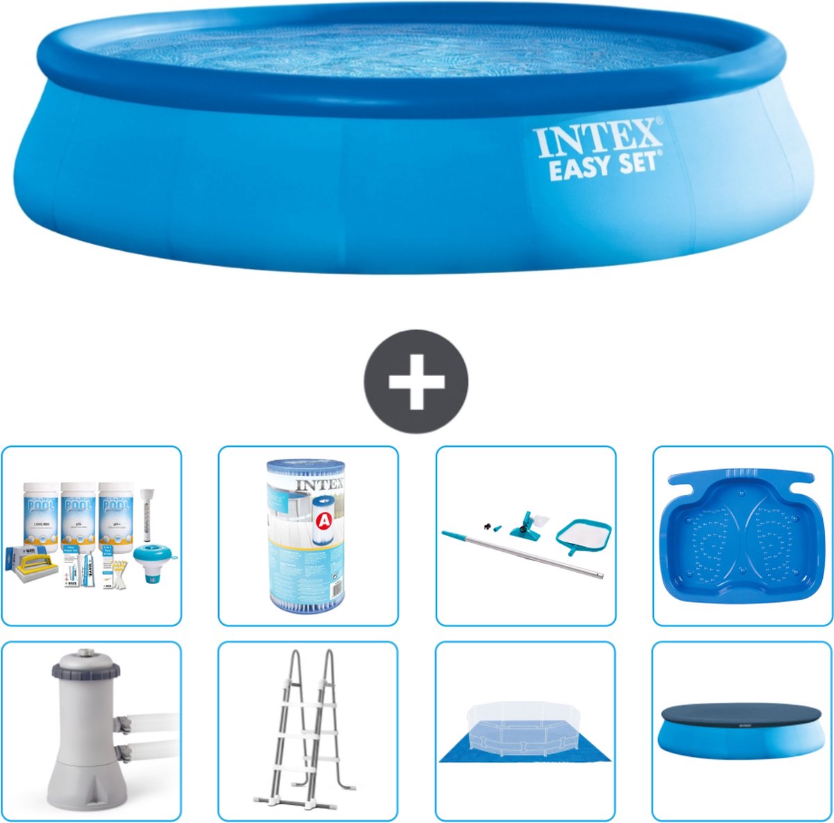 Intex Rond Opblaasbaar Easy Set Zwembad - 457 x 107 cm - Blauw - Inclusief Pomp - Ladder - Grondzeil - Afdekzeil Onderhoudspakket - Filter - Schoonmaakset - Voetenbad