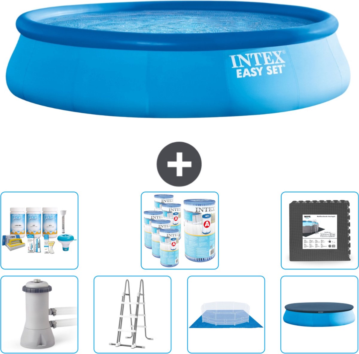 Intex Rond Opblaasbaar Easy Set Zwembad - 457 x 107 cm - Blauw - Inclusief Pomp - Ladder - Grondzeil - Afdekzeil Onderhoudspakket - Filters - Vloertegels