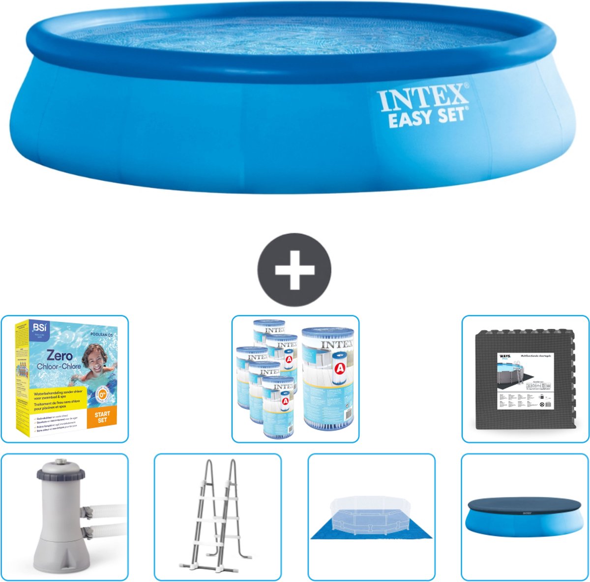 Intex Rond Opblaasbaar Easy Set Zwembad - 457 x 107 cm - Blauw - Inclusief Pomp - Ladder - Grondzeil - Afdekzeil Onderhoudspakket - Filters - Vloertegels