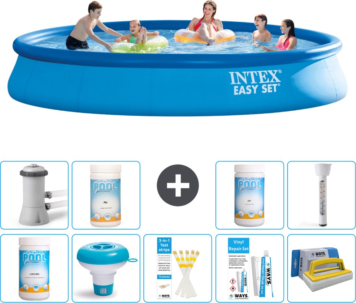 Intex Rond Opblaasbaar Easy Set Zwembad - 457 x 84 cm - Blauw - Inclusief Pomp Chloor - Chloordrijver - Testrips - Reparatiesetje - Scrubborstel - PH-waarde - PH-waarde - Thermometer