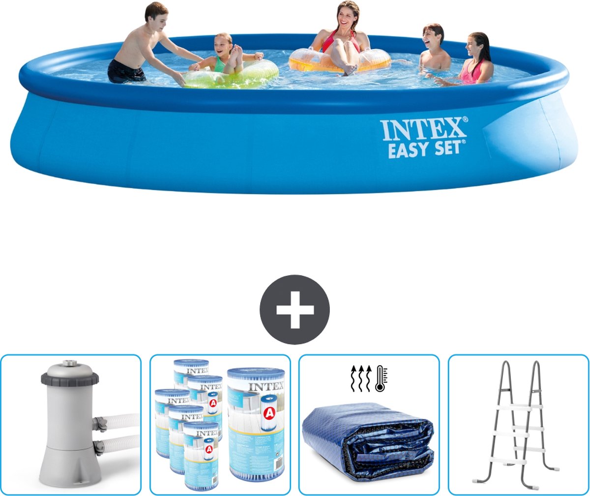Intex Rond Opblaasbaar Easy Set Zwembad - 457 x 84 cm - Blauw - Inclusief Pomp Filters - Solarzeil - Ladder