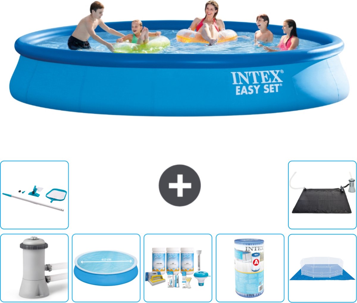 Intex Rond Opblaasbaar Easy Set Zwembad - 457 x 84 cm - Blauw - Inclusief Pomp Solarzeil - Onderhoudspakket - Filter - Grondzeil - Schoonmaakset - Solar Mat