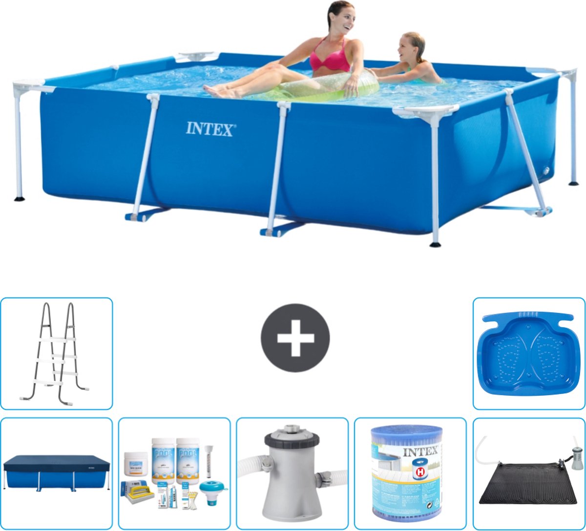 Intex Rechthoekig Frame Zwembad - 220 x 150 x 60 cm - Blauw - Inclusief Afdekzeil - Onderhoudspakket - Zwembadfilterpomp - Filter - Solar Mat - Ladder - Voetenbad