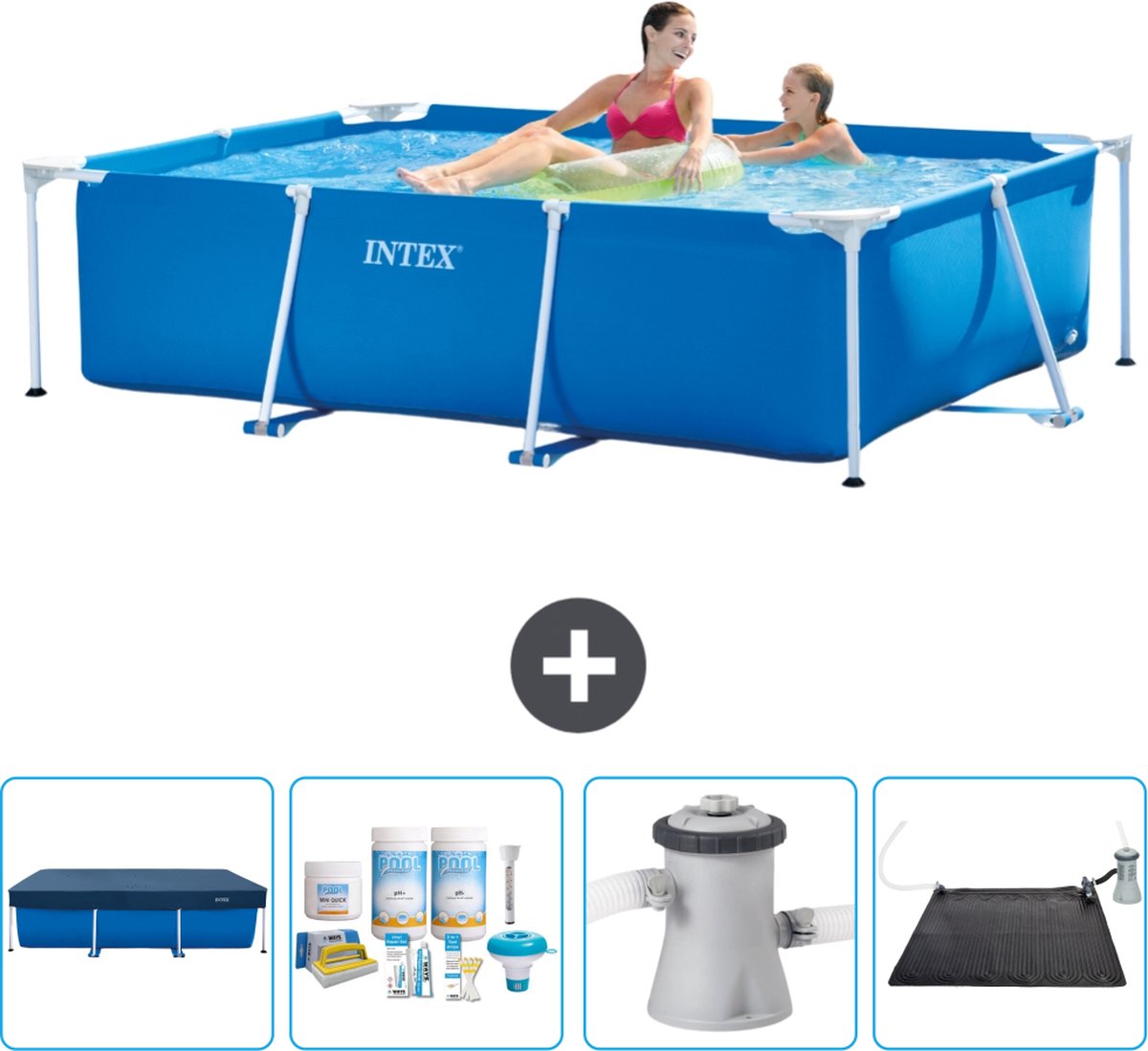 Intex Rechthoekig Frame Zwembad - 220 x 150 x 60 cm - Blauw - Inclusief Afdekzeil - Onderhoudspakket - Zwembadfilterpomp - Solar Mat