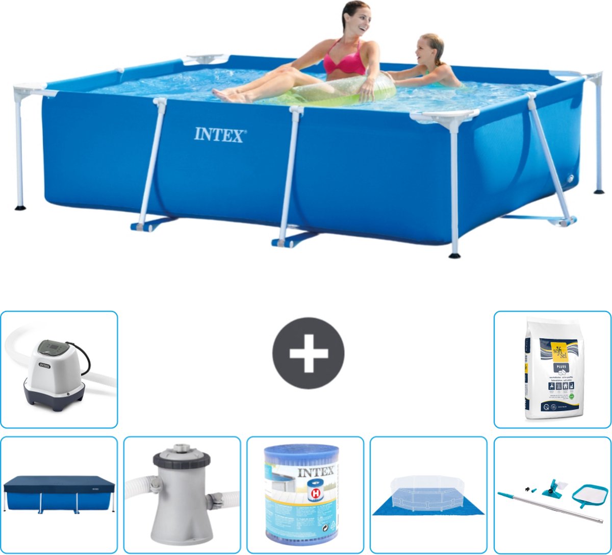 Intex Rechthoekig Frame Zwembad - 220 x 150 x 60 cm - Blauw - Inclusief Afdekzeil - Zwembadfilterpomp - Filter - Grondzeil - Schoonmaakset - Zoutwatersysteem - Zwembadzout