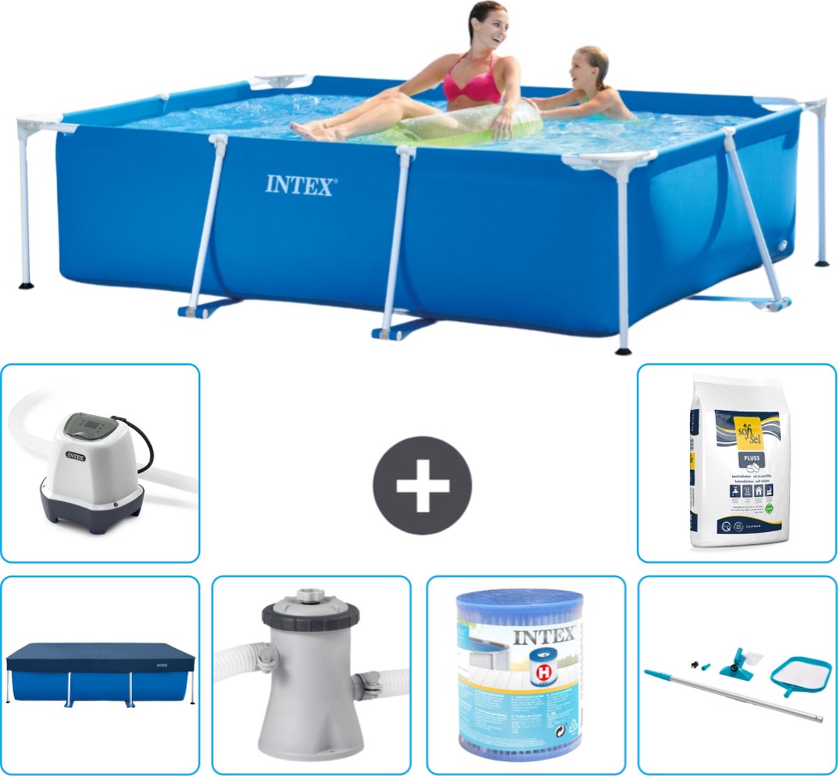 Intex Rechthoekig Frame Zwembad - 220 x 150 x 60 cm - Blauw - Inclusief Afdekzeil - Zwembadfilterpomp - Filter - Schoonmaakset - Zoutwatersysteem - Zwembadzout