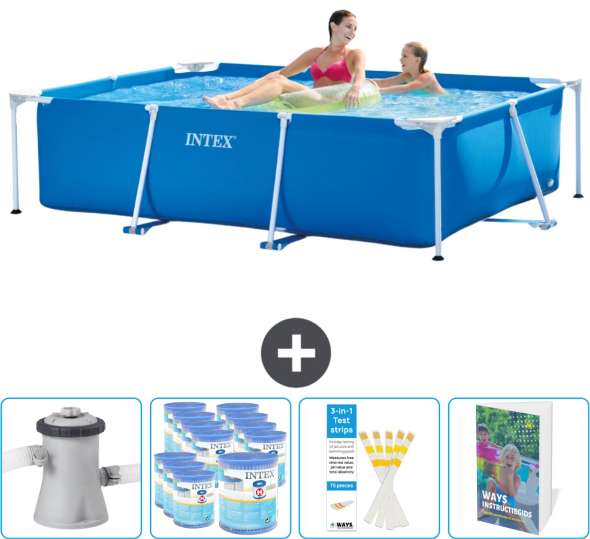 Intex Rechthoekig Frame Zwembad - 220 x 150 x 60 cm - Blauw - Inclusief Zwembadfilterpomp - Filters - Testrips - Zwembadgids