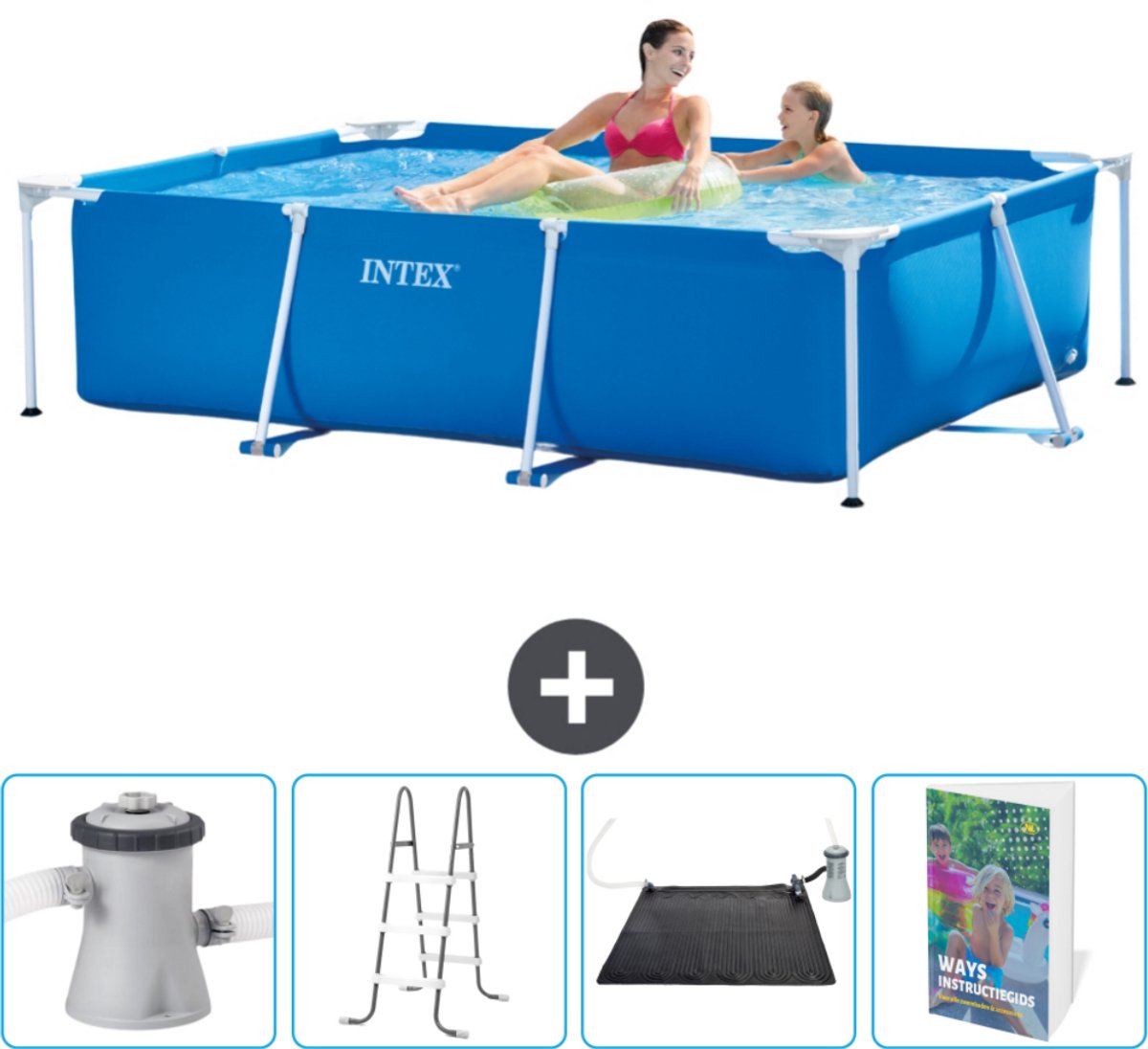 Intex Rechthoekig Frame Zwembad - 220 x 150 x 60 cm - Blauw - Inclusief Zwembadfilterpomp - Ladder - Solar Mat - Zwembadgids
