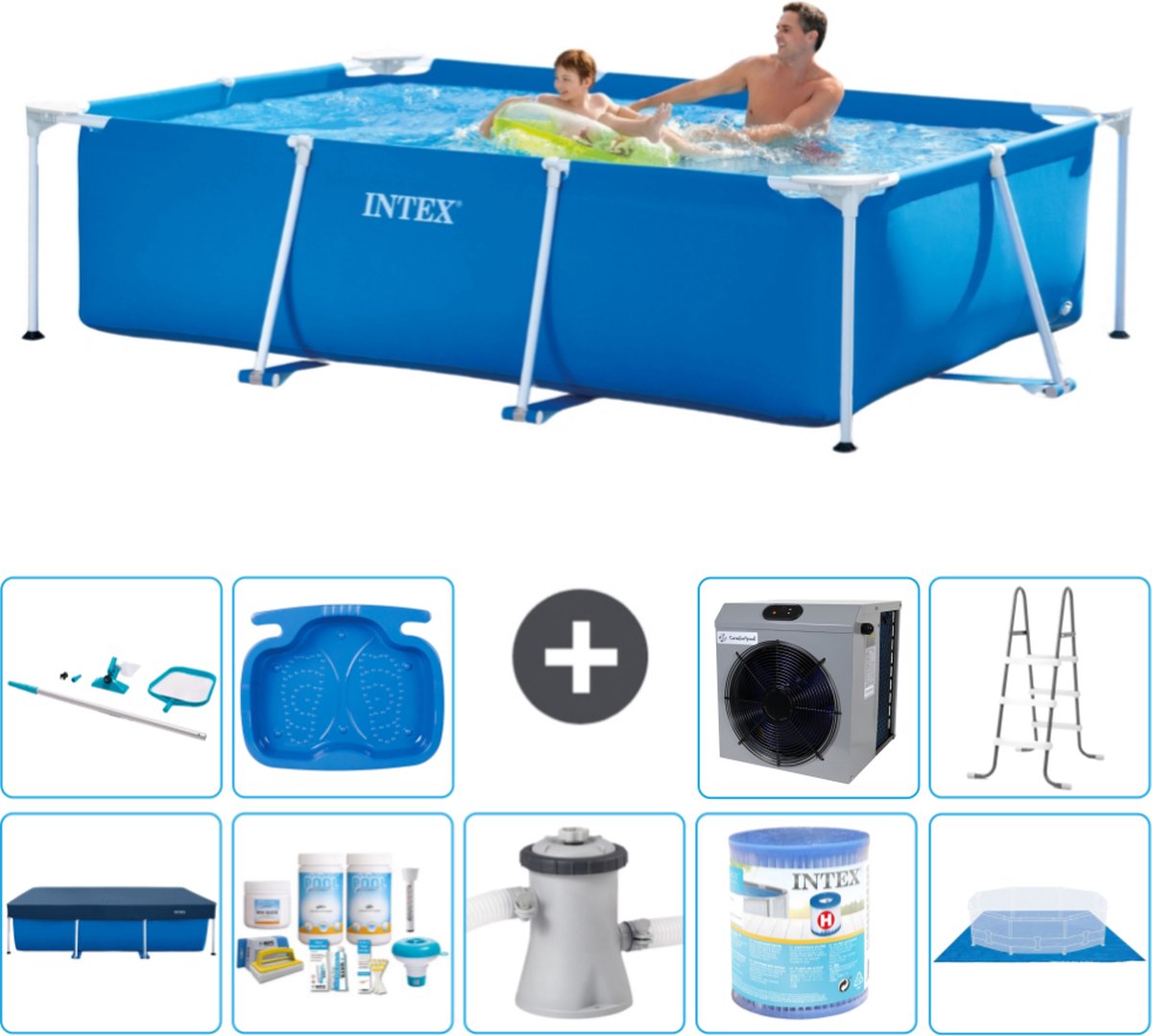 Intex Rechthoekig Frame Zwembad - 260 x 160 x 65 cm - Blauw - Inclusief Afdekzeil - Onderhoudspakket - Zwembadfilterpomp - Filter - Grondzeil - Schoonmaakset - Ladder - Voetenbad - Warmtepomp