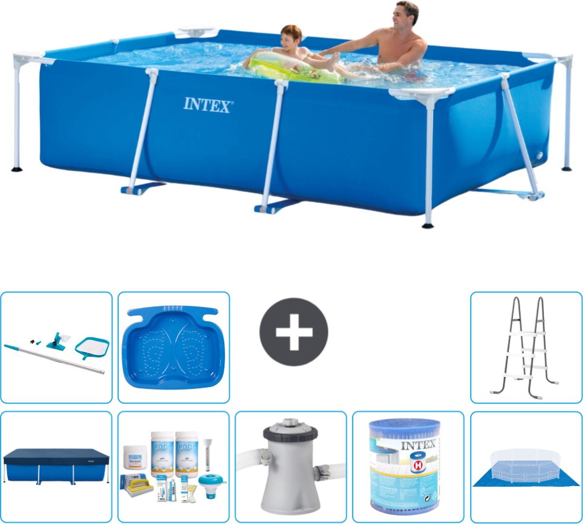 Intex Rechthoekig Frame Zwembad - 260 x 160 x 65 cm - Blauw - Inclusief Afdekzeil - Onderhoudspakket - Zwembadfilterpomp - Filter - Grondzeil - Schoonmaakset - Ladder - Voetenbad