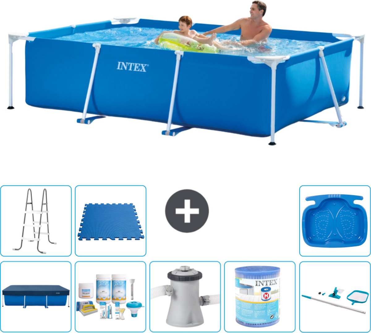 Intex Rechthoekig Frame Zwembad - 260 x 160 x 65 cm - Blauw - Inclusief Afdekzeil - Onderhoudspakket - Zwembadfilterpomp - Filter - Schoonmaakset - Ladder - Voetenbad - Vloertegels