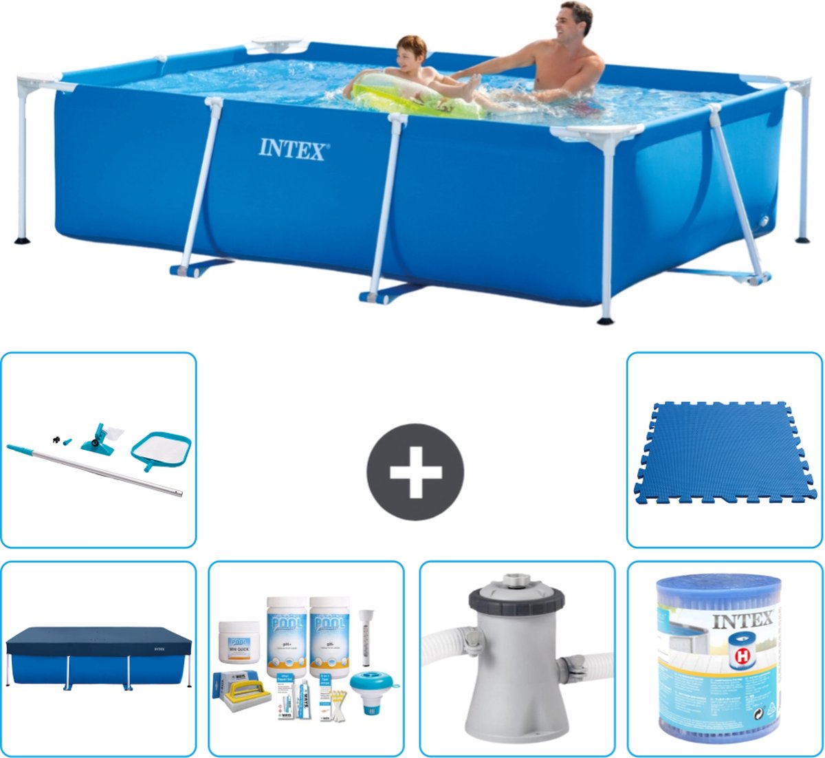 Intex Rechthoekig Frame Zwembad - 260 x 160 x 65 cm - Blauw - Inclusief Afdekzeil - Onderhoudspakket - Zwembadfilterpomp - Filter - Schoonmaakset - Vloertegels