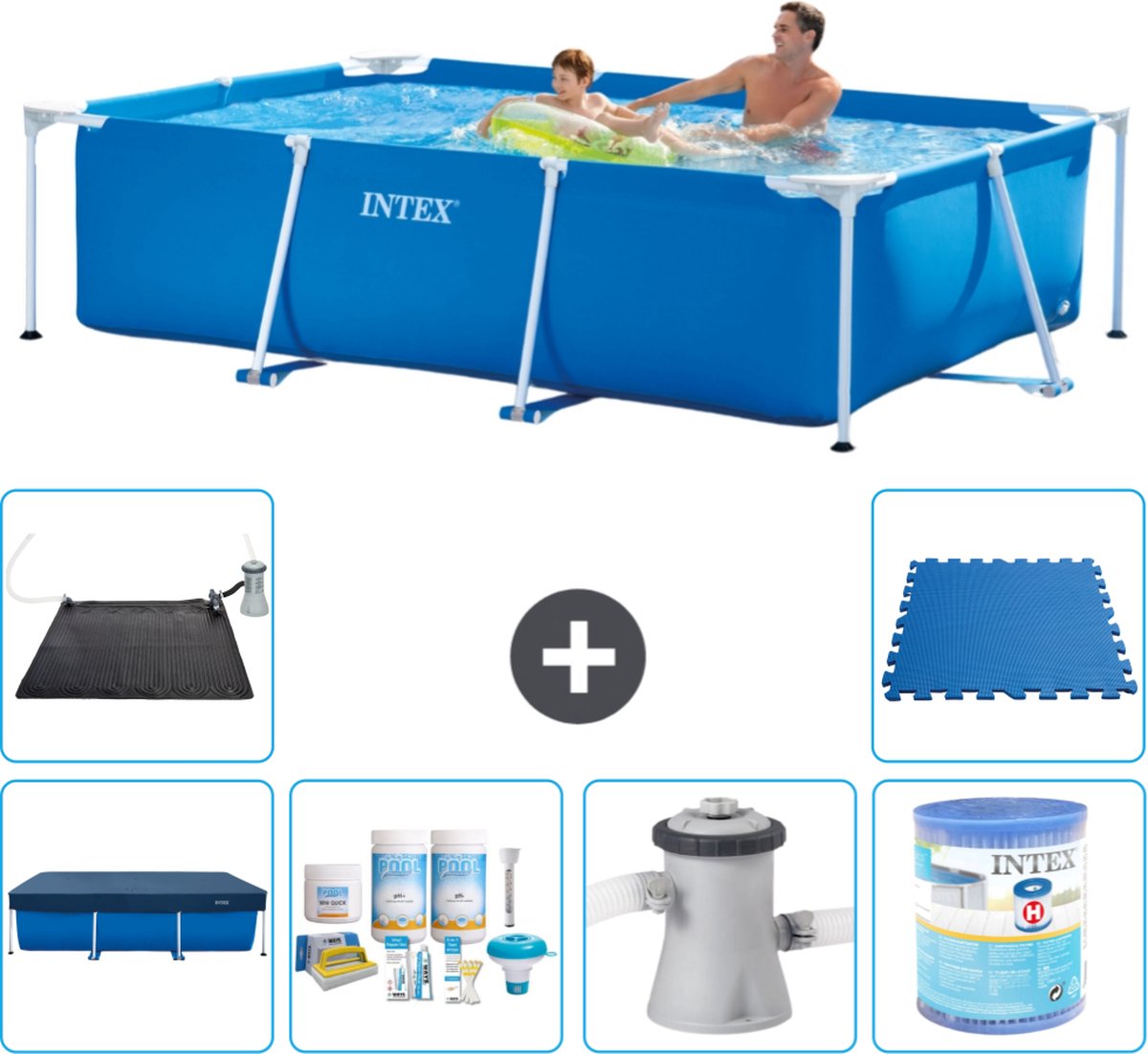 Intex Rechthoekig Frame Zwembad - 260 x 160 x 65 cm - Blauw - Inclusief Afdekzeil - Onderhoudspakket - Zwembadfilterpomp - Filter - Solar Mat - Vloertegels