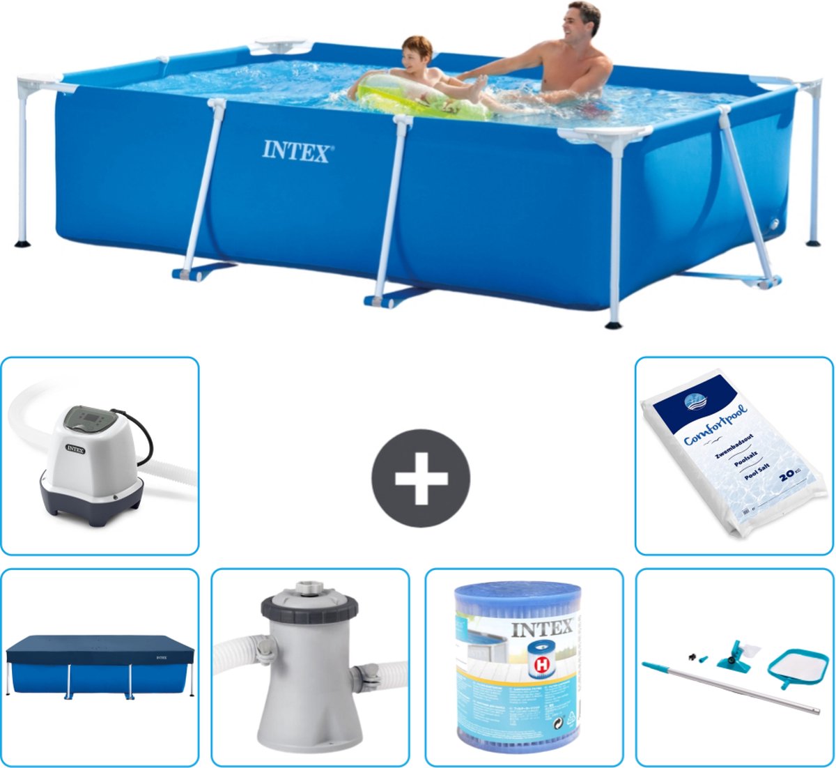 Intex Rechthoekig Frame Zwembad - 260 x 160 x 65 cm - Blauw - Inclusief Afdekzeil - Zwembadfilterpomp - Filter - Schoonmaakset - Zoutwatersysteem - Zwembadzout