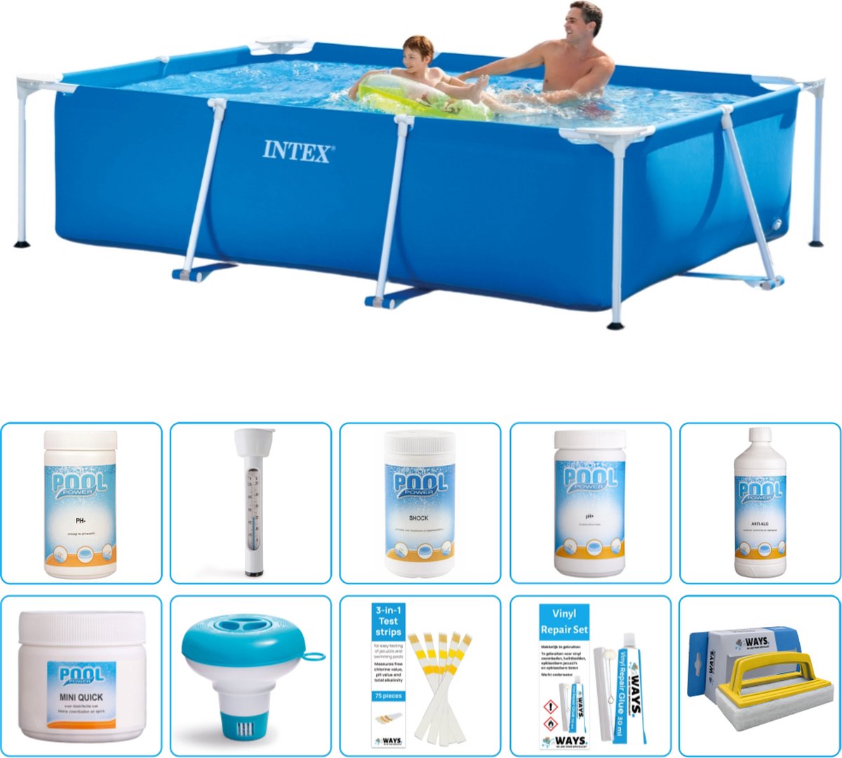 Intex Rechthoekig Frame Zwembad - 260 x 160 x 65 cm - Blauw - Inclusief Chloor - Chloordrijver - Testrips - Reparatiesetje - Scrubborstel - PH-waarde - PH-waarde - Thermometer - Algen - Chloor