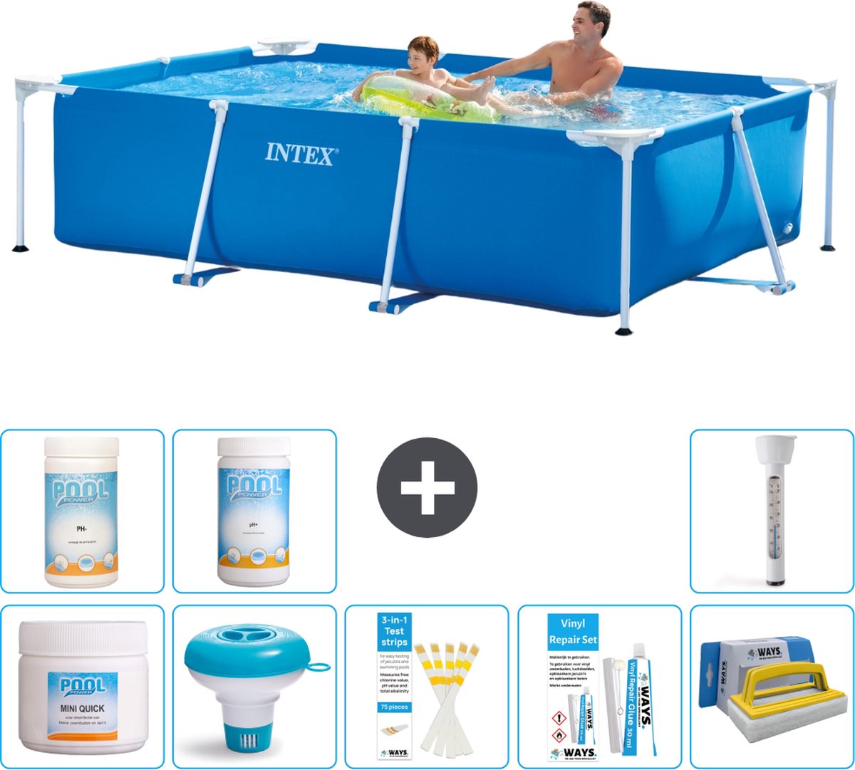 Intex Rechthoekig Frame Zwembad - 260 x 160 x 65 cm - Blauw - Inclusief Chloor - Chloordrijver - Testrips - Reparatiesetje - Scrubborstel - PH-waarde - PH-waarde - Thermometer