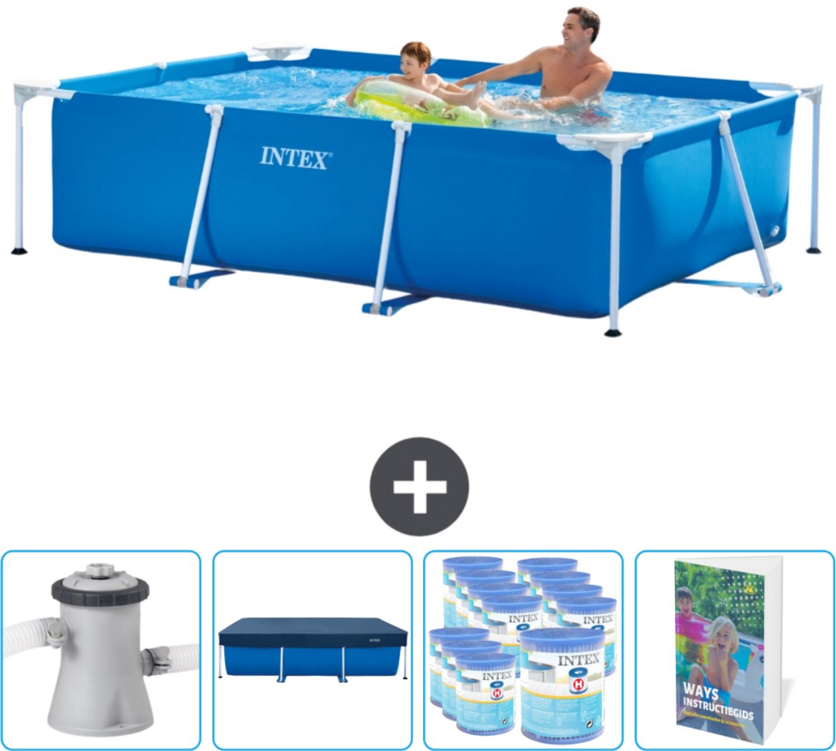 Intex Rechthoekig Frame Zwembad - 260 x 160 x 65 cm - Blauw - Inclusief Zwembadfilterpomp - Afdekzeil - Filters - Zwembadgids