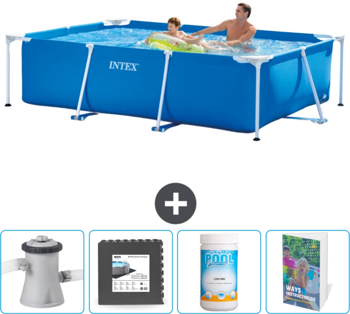 Intex Rechthoekig Frame Zwembad - 260 x 160 x 65 cm - Blauw - Inclusief Zwembadfilterpomp - Vloertegels - Chloor - Zwembadgids