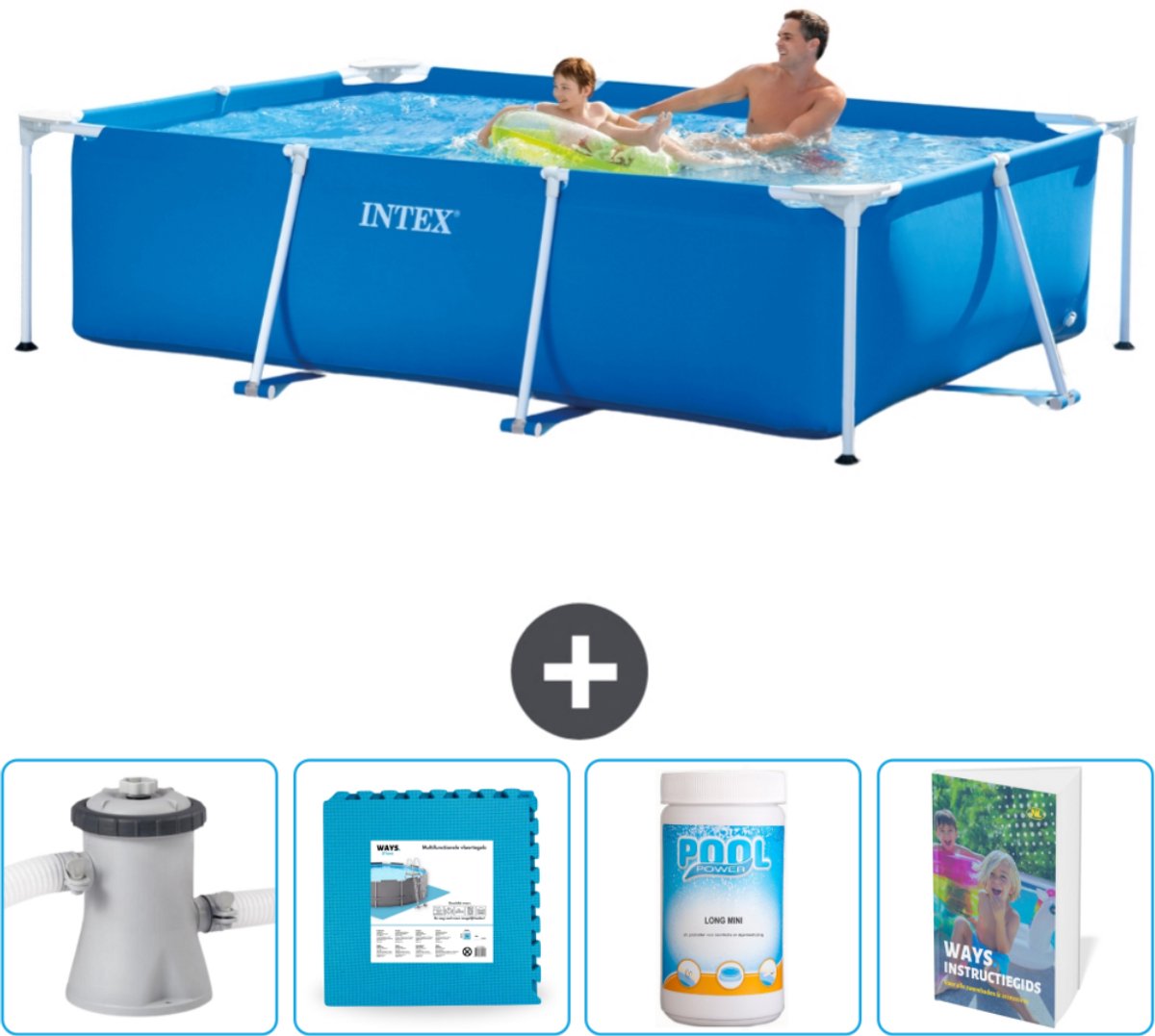 Intex Rechthoekig Frame Zwembad - 260 x 160 x 65 cm - Blauw - Inclusief Zwembadfilterpomp - Vloertegels - Chloor - Zwembadgids