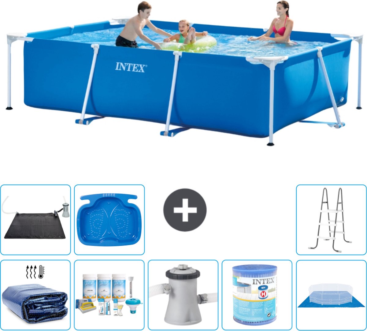 Intex Rechthoekig Frame Zwembad - 300 x 200 x 75 cm - Blauw - Inclusief Solarzeil - Onderhoudspakket - Zwembadfilterpomp - Filter - Grondzeil - Solar Mat - Ladder - Voetenbad