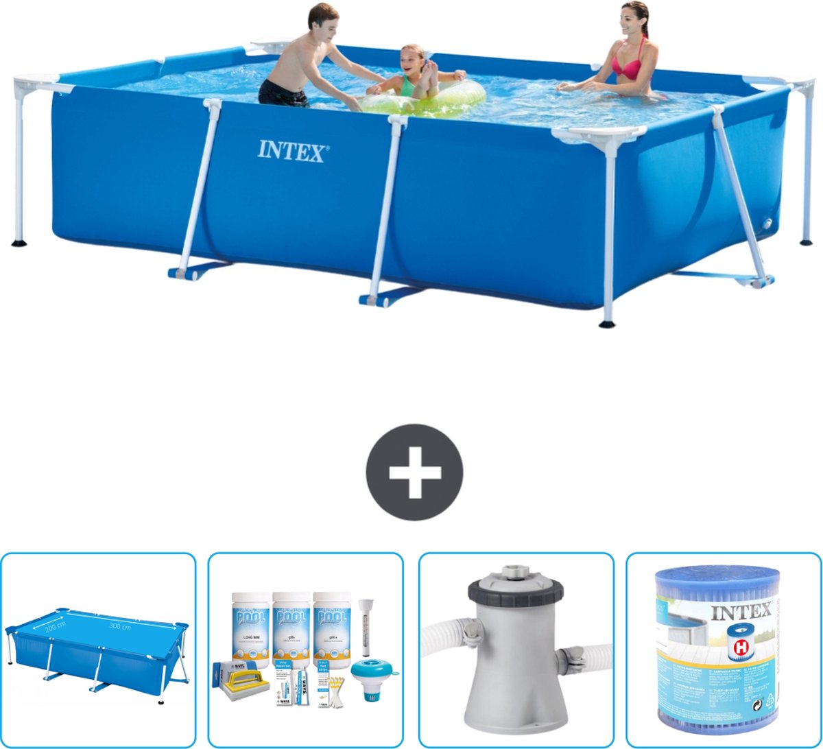 Intex Rechthoekig Frame Zwembad - 300 x 200 x 75 cm - Blauw - Inclusief Solarzeil - Onderhoudspakket - Zwembadfilterpomp - Filter