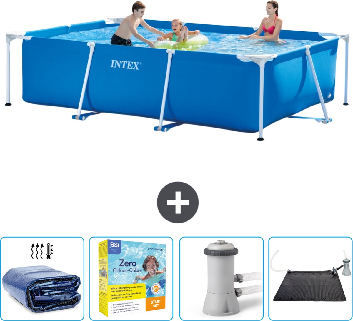 Intex Rechthoekig Frame Zwembad - 300 x 200 x 75 cm - Blauw - Inclusief Solarzeil - Onderhoudspakket - Zwembadfilterpomp - Solar Mat