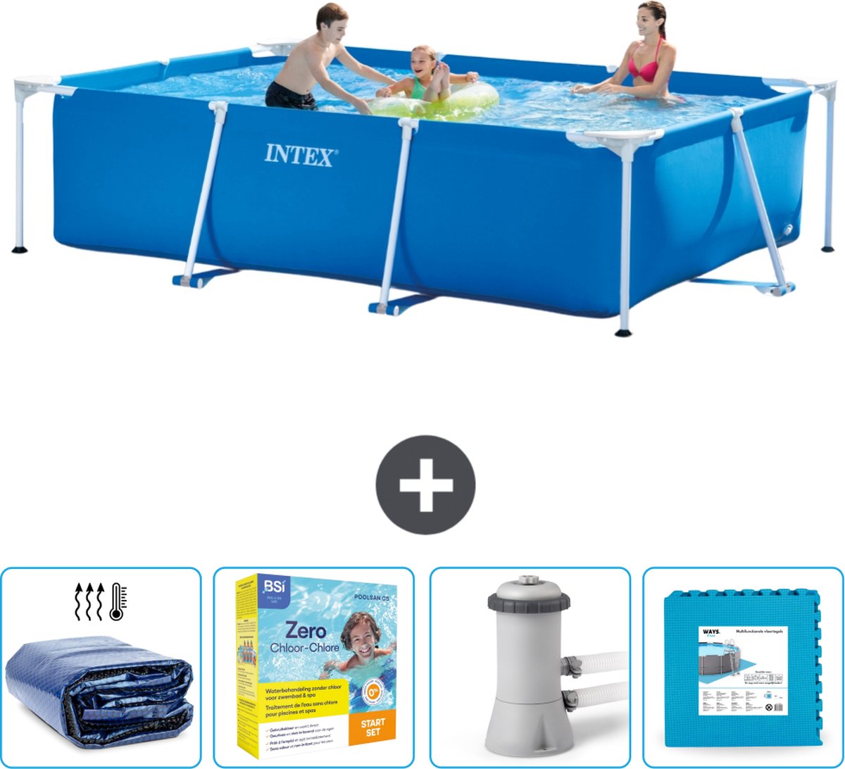 Intex Rechthoekig Frame Zwembad - 300 x 200 x 75 cm - Blauw - Inclusief Solarzeil - Onderhoudspakket - Zwembadfilterpomp - Vloertegels