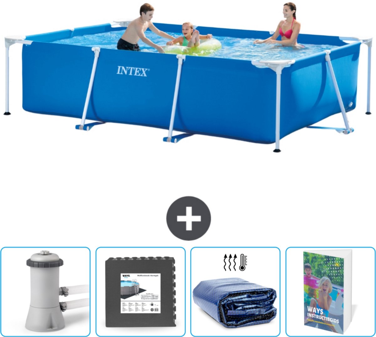 Intex Rechthoekig Frame Zwembad - 300 x 200 x 75 cm - Blauw - Inclusief Zwembadfilterpomp - Vloertegels - Solarzeil - Zwembadgids