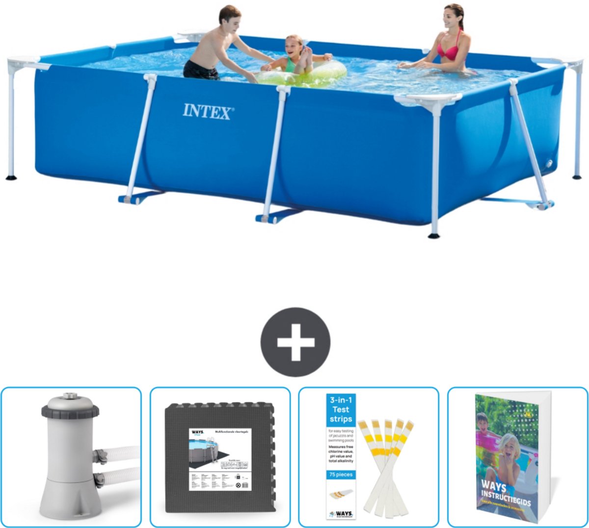 Intex Rechthoekig Frame Zwembad - 300 x 200 x 75 cm - Blauw - Inclusief Zwembadfilterpomp - Vloertegels - Testrips - Zwembadgids
