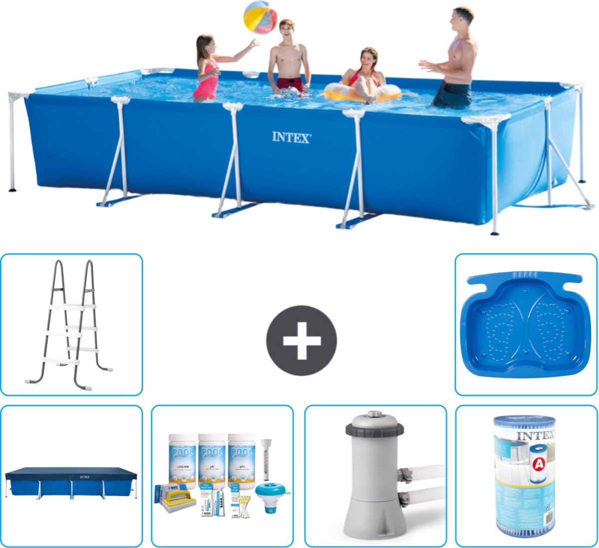 Intex Rechthoekig Frame Zwembad - 450 x 220 x 84 cm - Blauw - Inclusief Afdekzeil - Onderhoudspakket - Zwembadfilterpomp - Filter - Ladder - Voetenbad