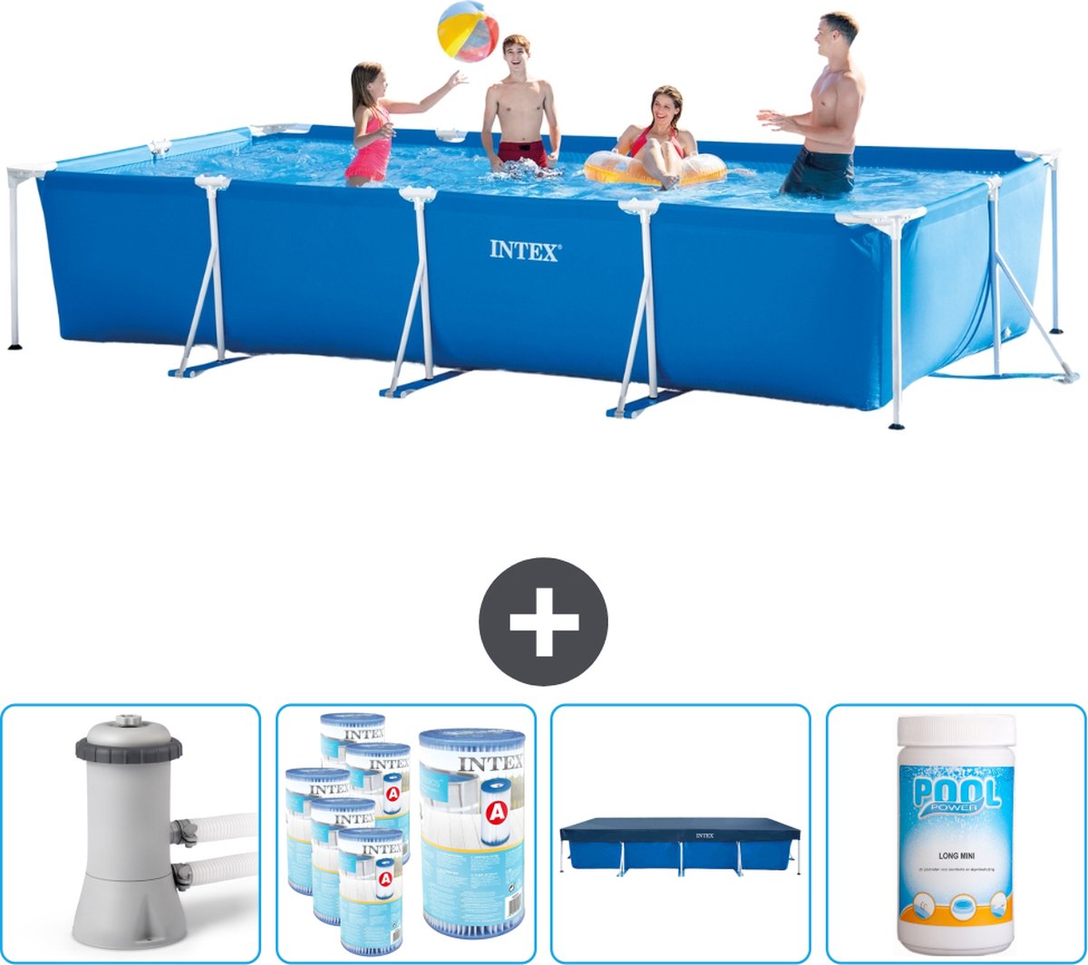 Intex Rechthoekig Frame Zwembad - 450 x 220 x 84 cm - Blauw - Inclusief Pomp Filters - Afdekzeil - Chloor