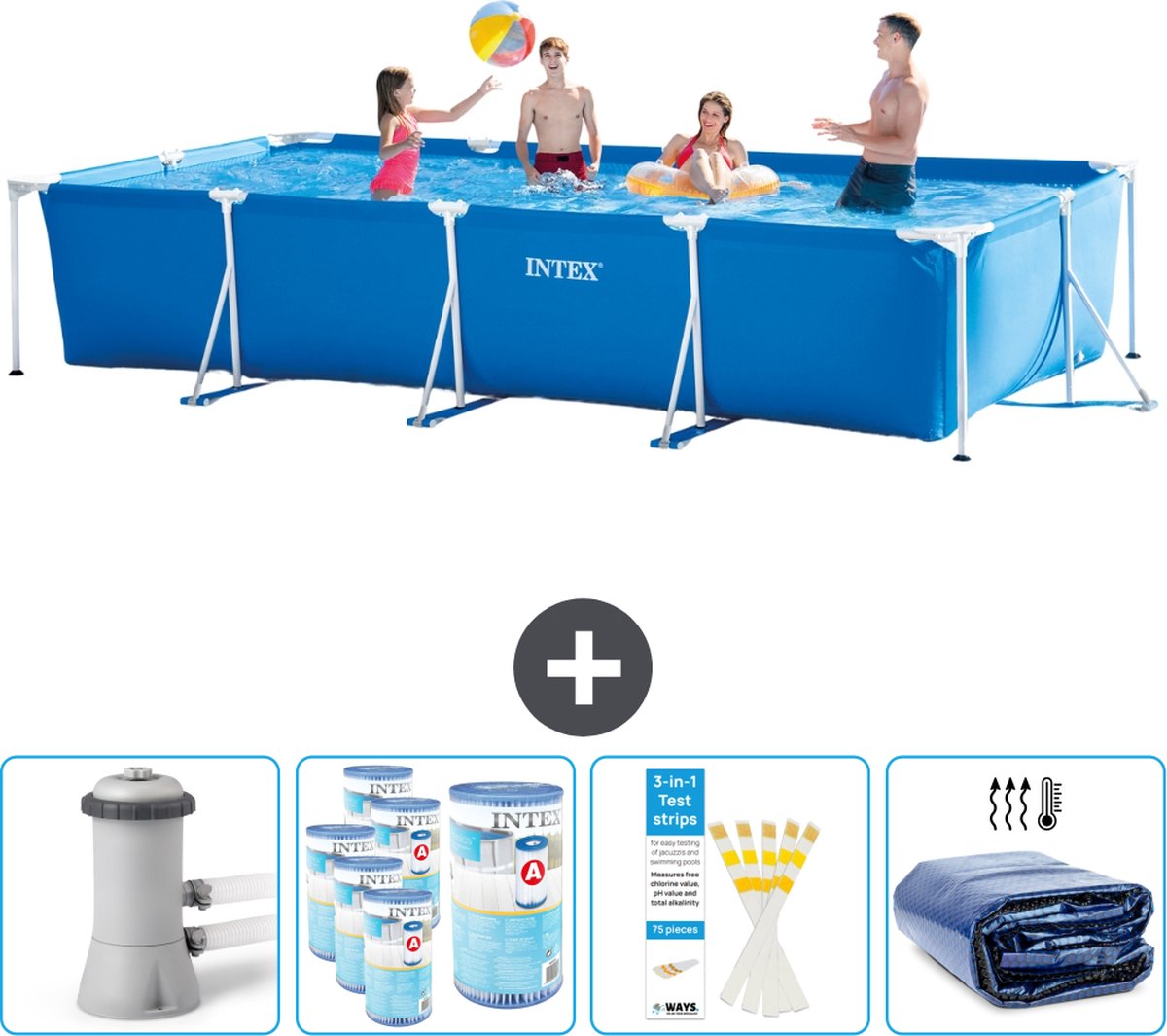 Intex Rechthoekig Frame Zwembad - 450 x 220 x 84 cm - Blauw - Inclusief Pomp Filters - Testrips - Solarzeil