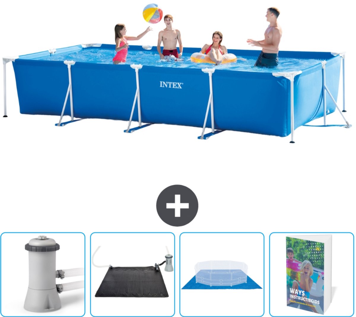 Intex Rechthoekig Frame Zwembad - 450 x 220 x 84 cm - Blauw - Inclusief Pomp Solar Mat - Grondzeil - Zwembadgids