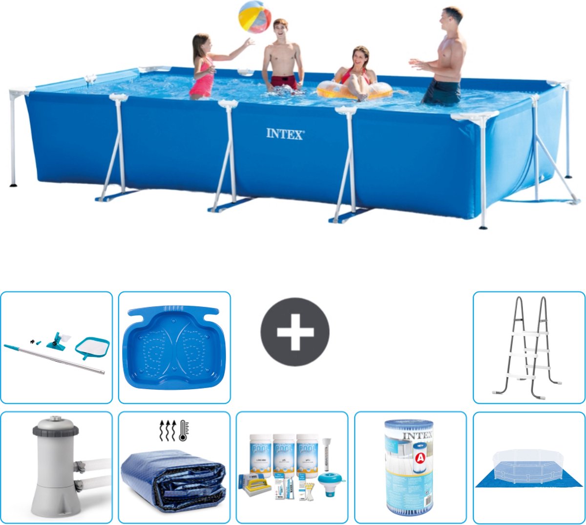 Intex Rechthoekig Frame Zwembad - 450 x 220 x 84 cm - Blauw - Inclusief Pomp Solarzeil - Onderhoudspakket - Filter - Grondzeil - Schoonmaakset - Ladder - Voetenbad