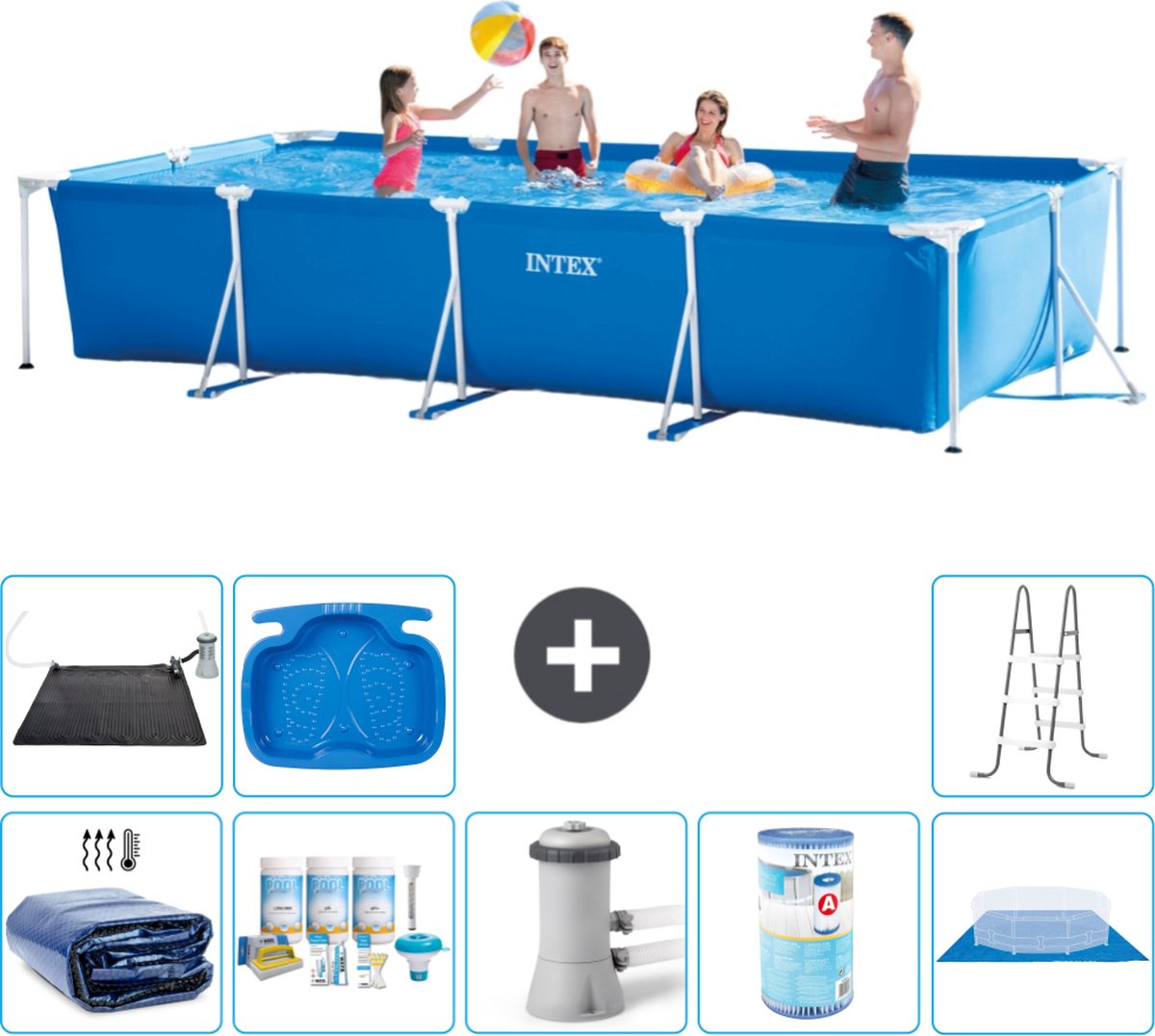 Intex Rechthoekig Frame Zwembad - 450 x 220 x 84 cm - Blauw - Inclusief Solarzeil - Onderhoudspakket - Zwembadfilterpomp - Filter - Grondzeil - Solar Mat - Ladder - Voetenbad