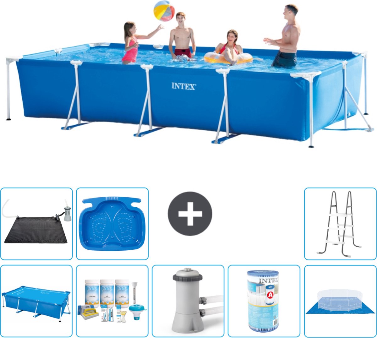Intex Rechthoekig Frame Zwembad - 450 x 220 x 84 cm - Blauw - Inclusief Solarzeil - Onderhoudspakket - Zwembadfilterpomp - Filter - Grondzeil - Solar Mat - Ladder - Voetenbad