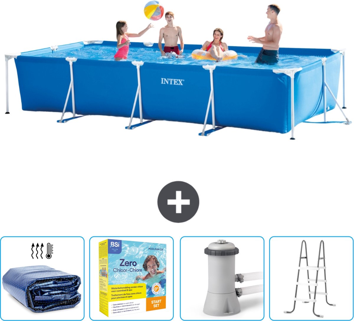 Intex Rechthoekig Frame Zwembad - 450 x 220 x 84 cm - Blauw - Inclusief Solarzeil - Onderhoudspakket - Zwembadfilterpomp - Ladder