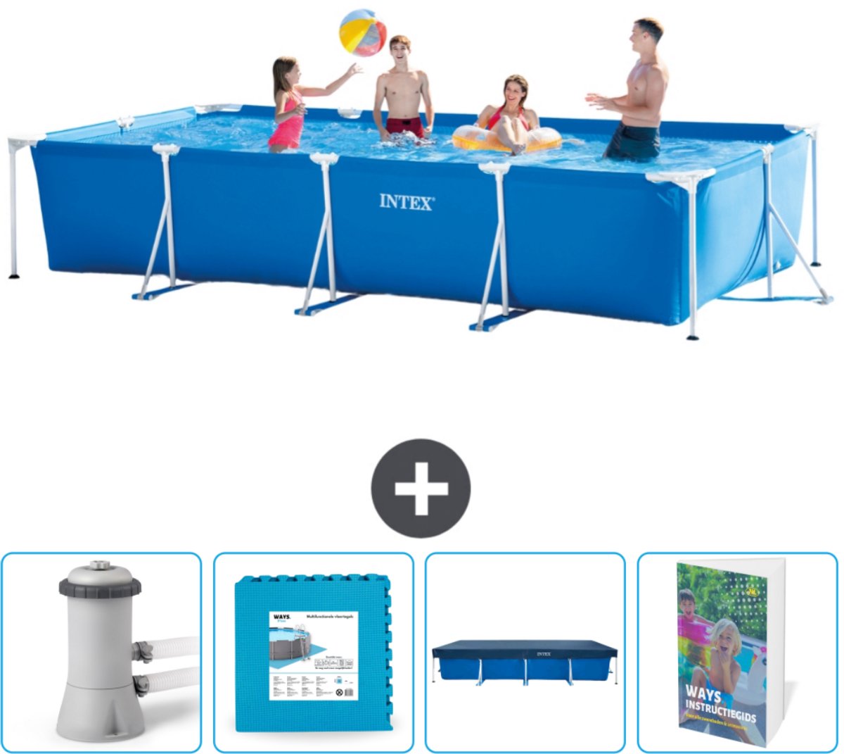 Intex Rechthoekig Frame Zwembad - 450 x 220 x 84 cm - Blauw - Inclusief Zwembadfilterpomp - Vloertegels - Afdekzeil - Zwembadgids