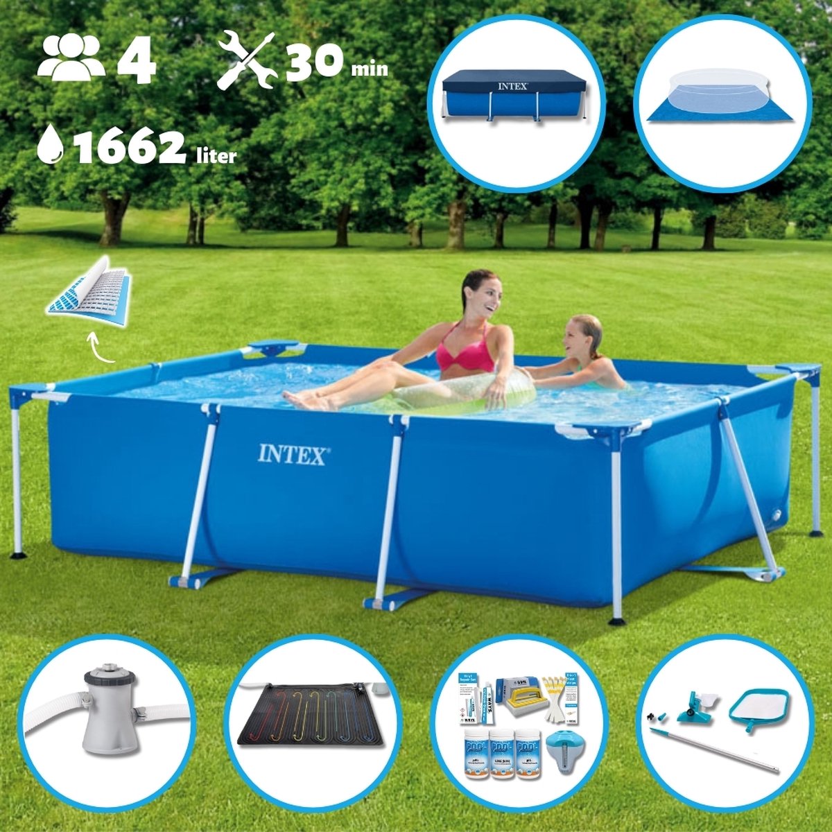 Intex Zwembad - Opzetzwembad - Rechthoekig - 220 x 150 x 60 cm - Blauw - Inclusief Pomp - Verwarmingsmat - Chloorpakket - Onderzeil - Afdekzeil - Schoonmaaktset