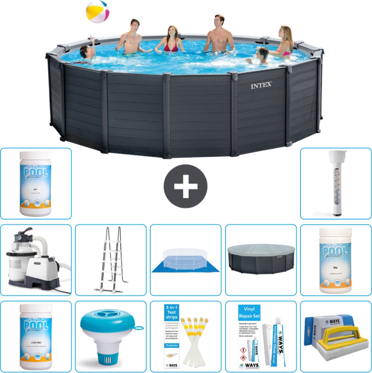 Intex Rond Graphite Gray Panel Zwembad - 478 x 124 cm - Inclusief Pomp - Ladder - Grondzeil - Afdekzeil Chloor - Chloordrijver - Testrips - Reparatiesetje - Scrubborstel - PH-waarde - PH-waarde - Thermometer