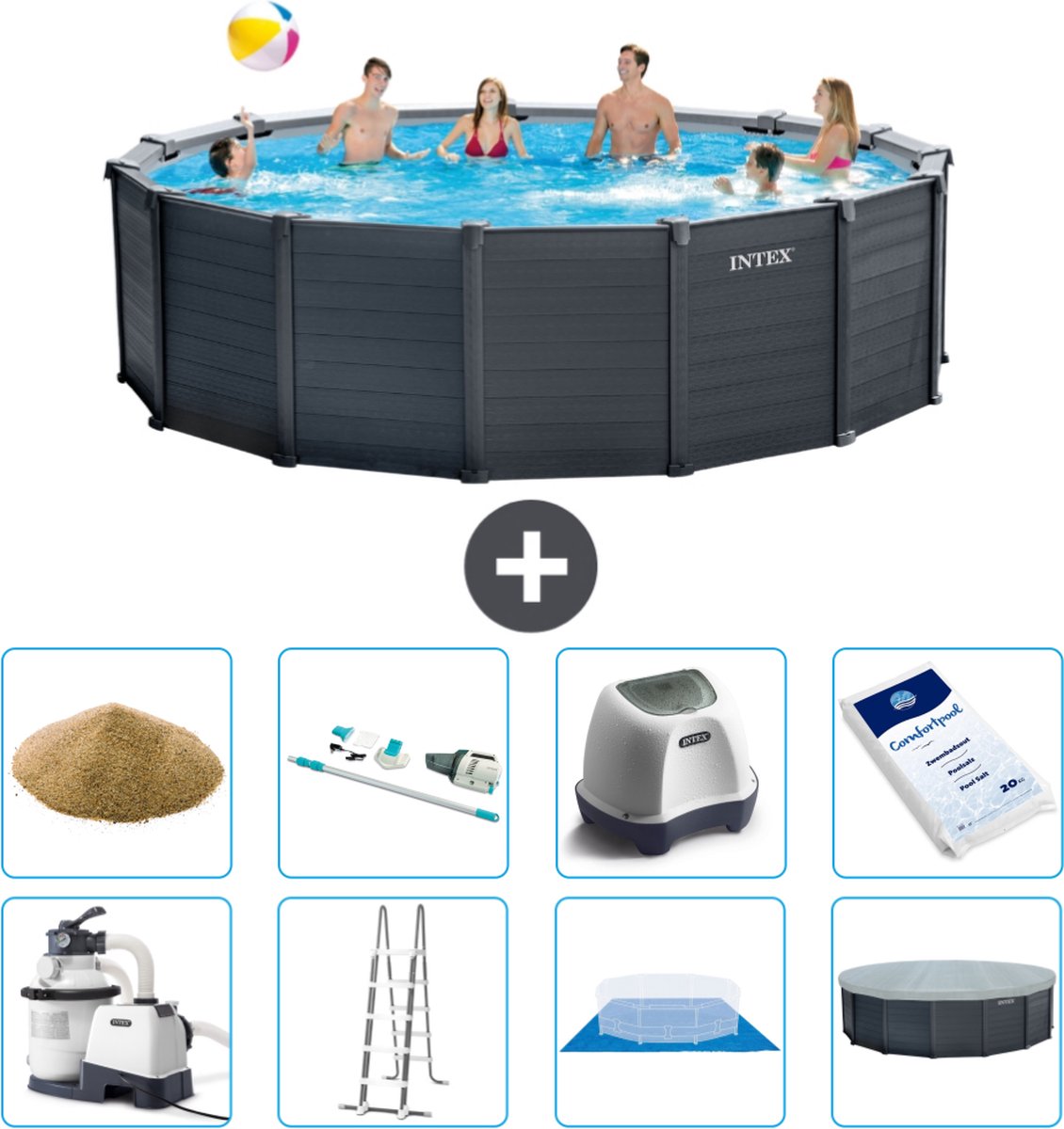 Intex Rond Graphite Gray Panel Zwembad - 478 x 124 cm - Inclusief Pomp - Ladder - Grondzeil - Afdekzeil Filterzand - Stofzuiger - Zoutwatersysteem - Zwembadzout