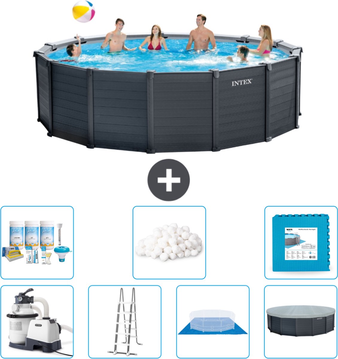 Intex Rond Graphite Gray Panel Zwembad - 478 x 124 cm - Inclusief Pomp - Ladder - Grondzeil - Afdekzeil Onderhoudspakket - Filterbollen - Vloertegels