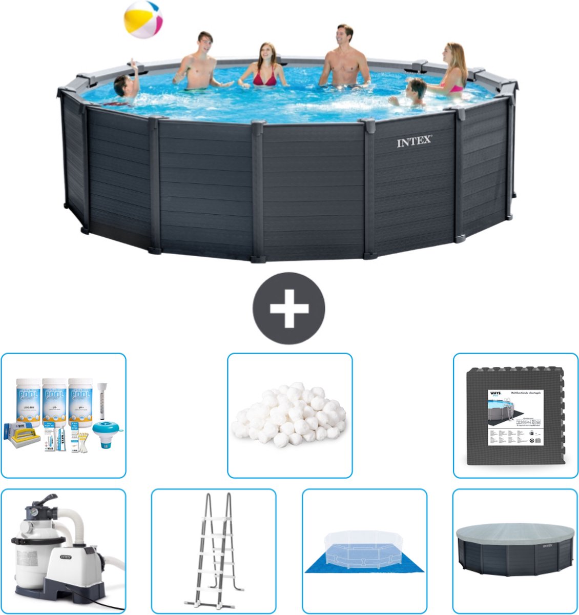 Intex Rond Graphite Gray Panel Zwembad - 478 x 124 cm - Inclusief Pomp - Ladder - Grondzeil - Afdekzeil Onderhoudspakket - Filterbollen - Vloertegels