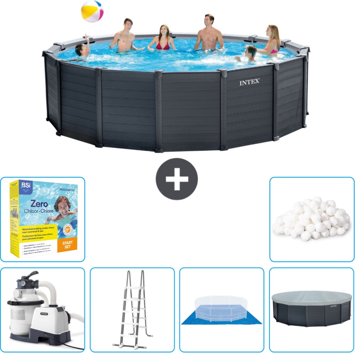 Intex Rond Graphite Gray Panel Zwembad - 478 x 124 cm - Inclusief Pomp - Ladder - Grondzeil - Afdekzeil Onderhoudspakket - Filterbollen