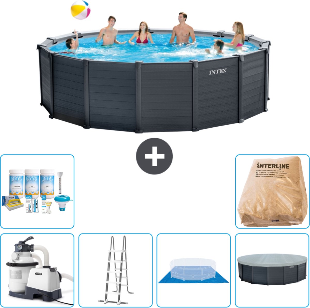 Intex Rond Graphite Gray Panel Zwembad - 478 x 124 cm - Inclusief Pomp - Ladder - Grondzeil - Afdekzeil Onderhoudspakket - Filterzand