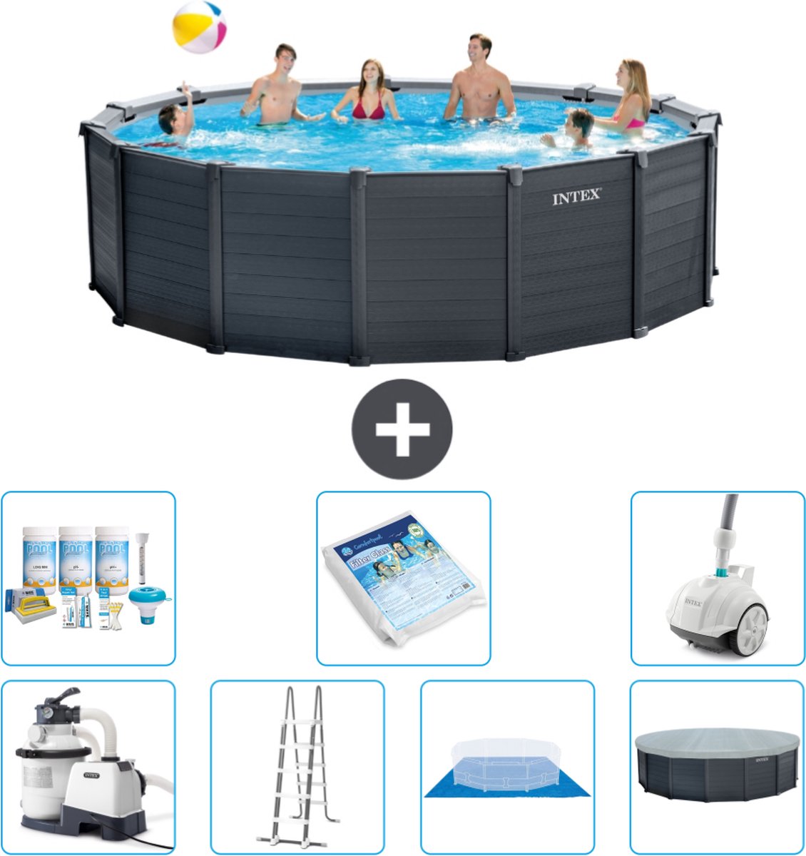 Intex Rond Graphite Gray Panel Zwembad - 478 x 124 cm - Inclusief Pomp - Ladder - Grondzeil - Afdekzeil Onderhoudspakket - Glasparels - Stofzuiger