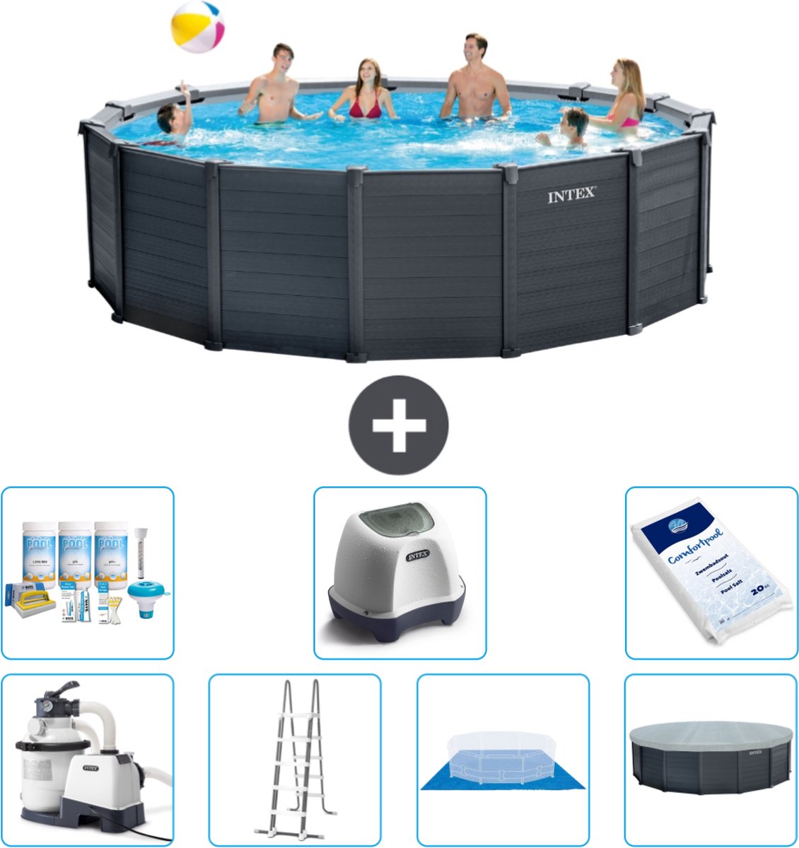 Intex Rond Graphite Gray Panel Zwembad - 478 x 124 cm - Inclusief Pomp - Ladder - Grondzeil - Afdekzeil Onderhoudspakket - Zoutwatersysteem - Zwembadzout