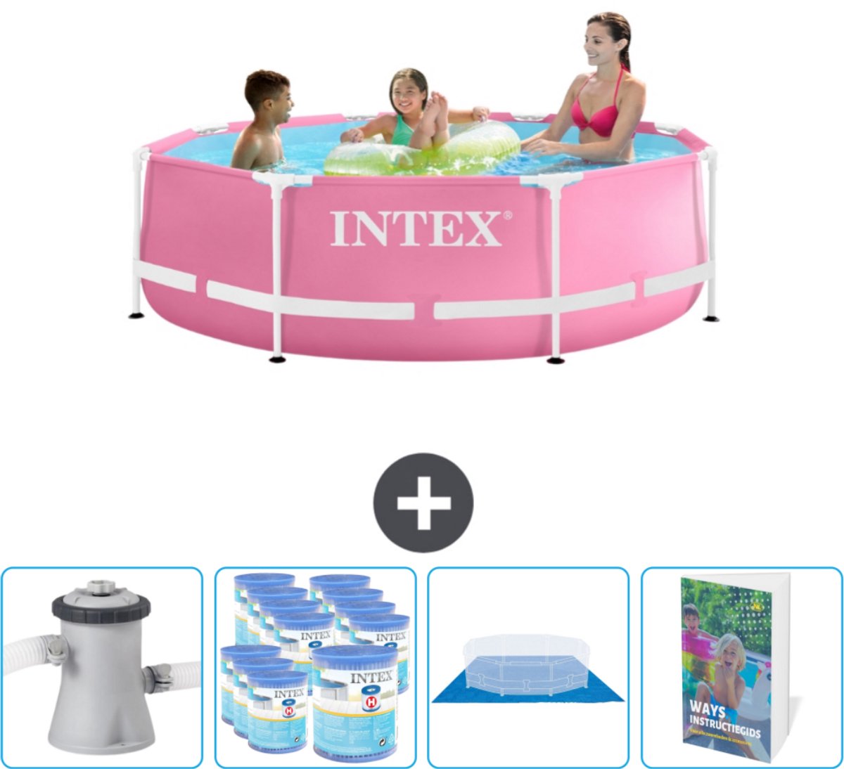 Intex Rond Frame Zwembad - 244 x 76 cm - Roze - Inclusief Zwembadfilterpomp - Filters - Grondzeil - Zwembadgids